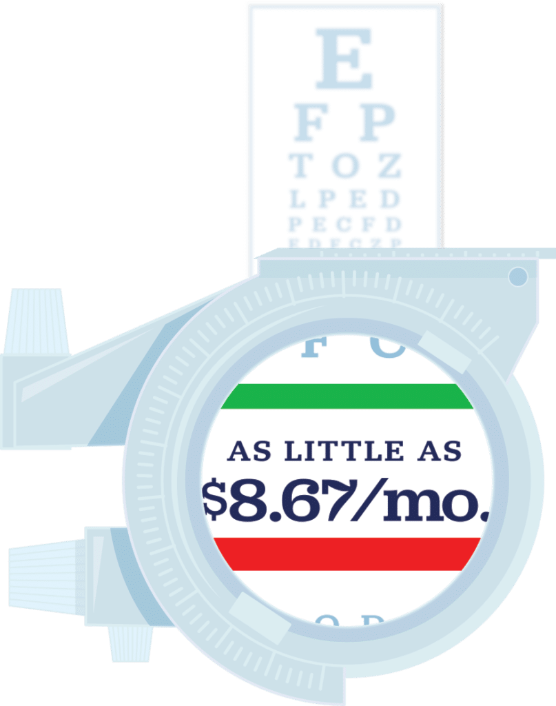 Vision exam eye chart focused on type that says "As little as $8.67/mo."